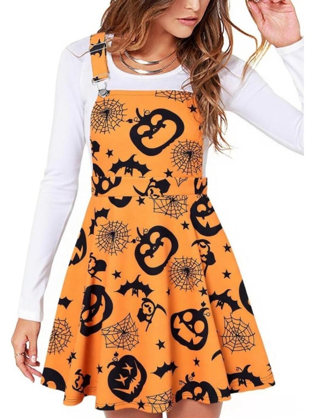 Women's Halloween Pumpkin Orange Overall Pinafore Dress Pleated Mini Suspender